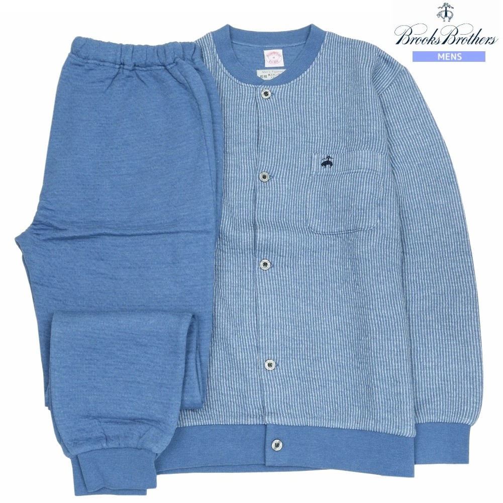 ブルックスブラザーズ パジャマ Brooks Brothers 28%OFF メンズ ブランド ギフト プレゼント 秋冬 中綿ニット ストライプ 前開き 紳士 長袖 長ズボン 青 25/1/4 230125｜fflower11