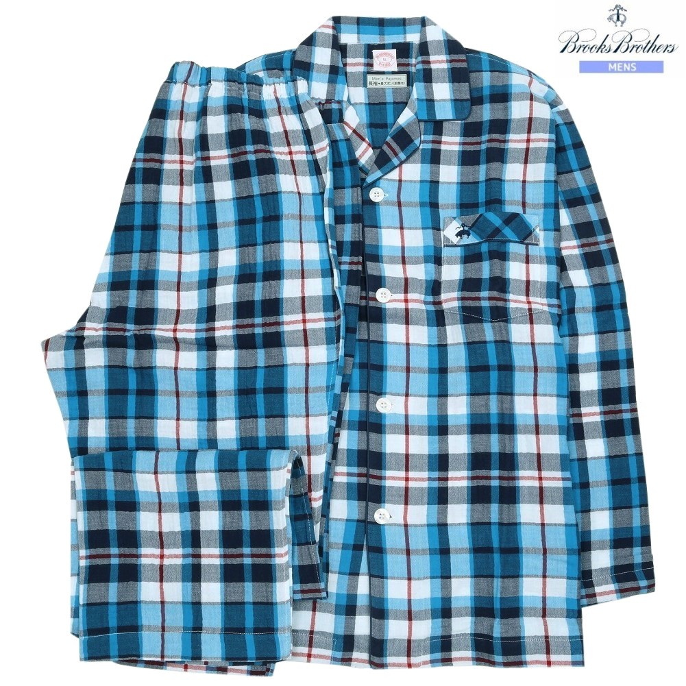 ブルックスブラザーズ パジャマ Brooks Brothers 31%OFF メンズ ブランド ギフト プレゼント ラッピング無料 春夏 ガーゼ素材 チェック 前開き 紳士 長袖 長ズボン 青 24/5/4 230524｜fflower11