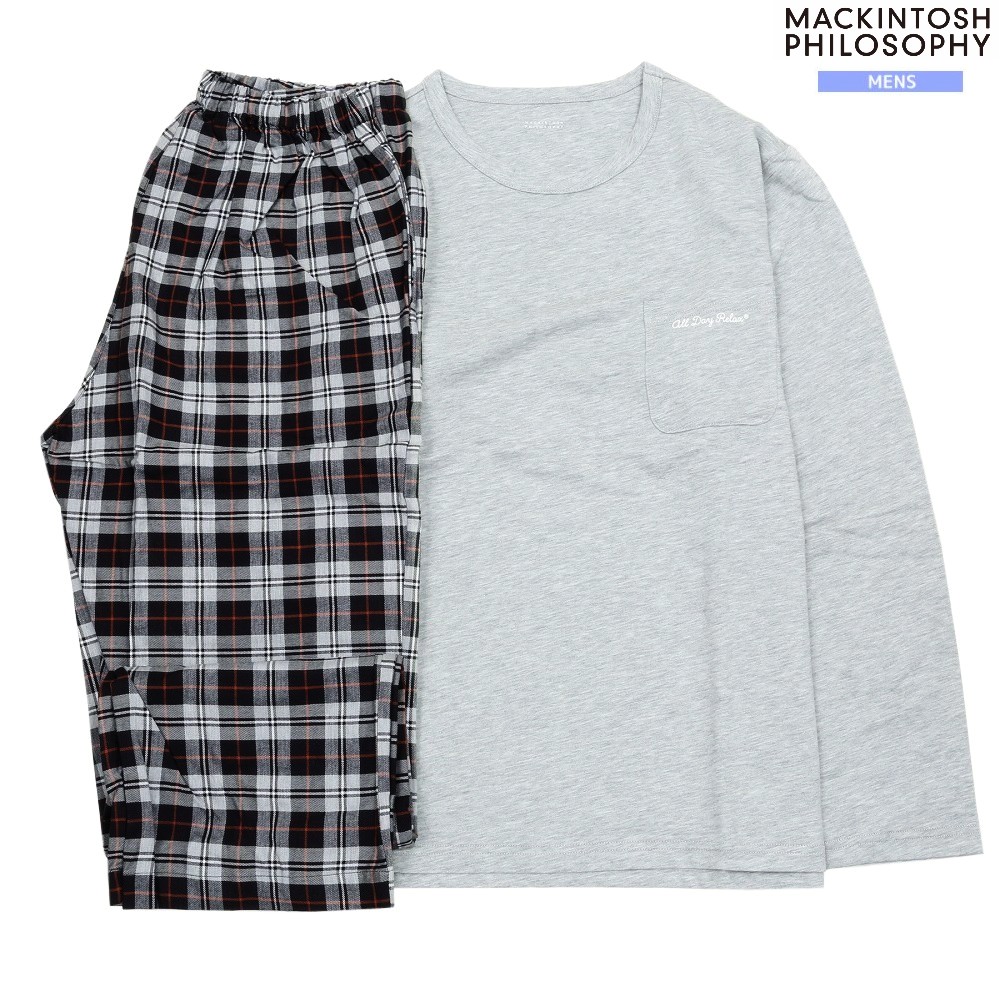 マッキントッシュ パジャマ MACKINTOSH PHILOSOPHY 15%OFF メンズ ブランド ギフト プレゼント ラッピング無料 裏起毛＋ビエラ杢チェック クルーネック 紳士 長袖 長ズボン グレー 24/5/5 300524｜fflower11