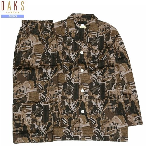 SALE10%OFF【DAKS】ダックス 日本製 プリント 前開き 紳士パジャマ(長袖&長ズボン) 茶『21/6/1』030621