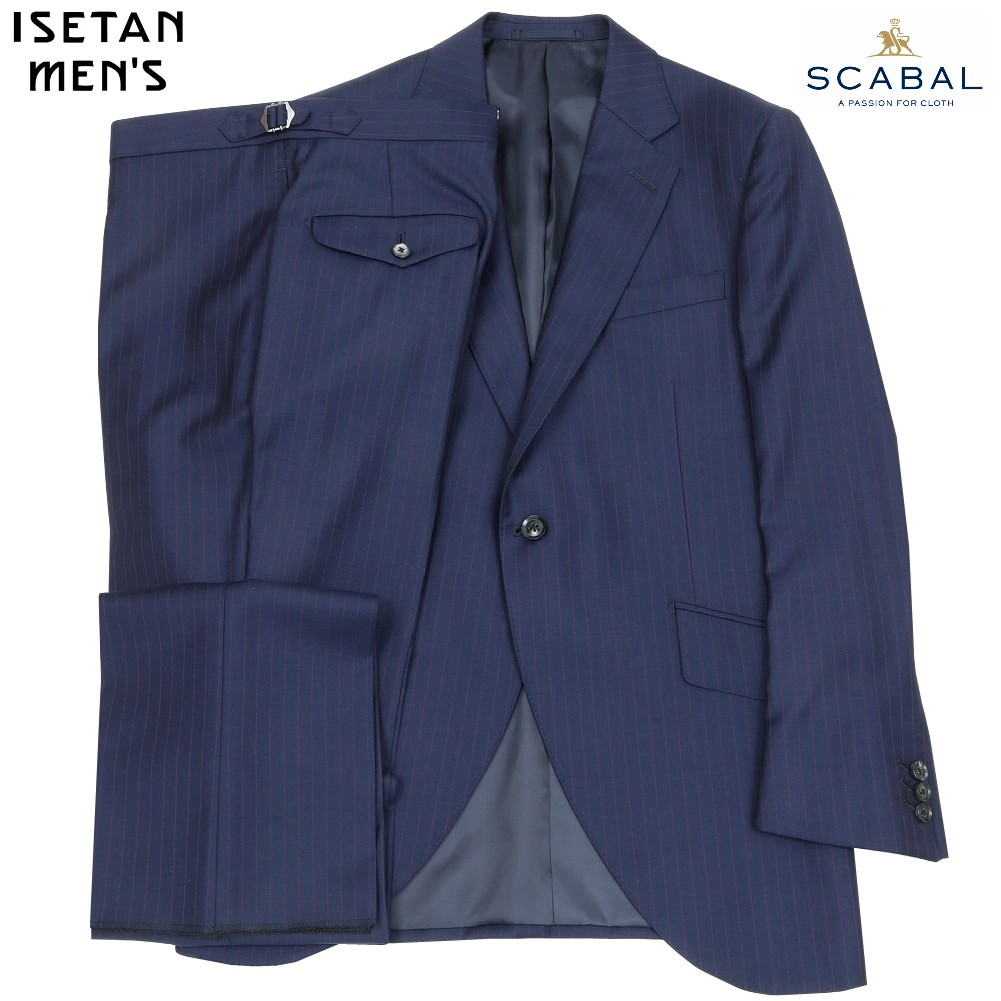 サンプル品 ISETAN MEN'S スーツ 伊勢丹メンズ 日本製【SCABAL生地】カラーストライプ シングル 1ボタン 紺 25/3/4 210325