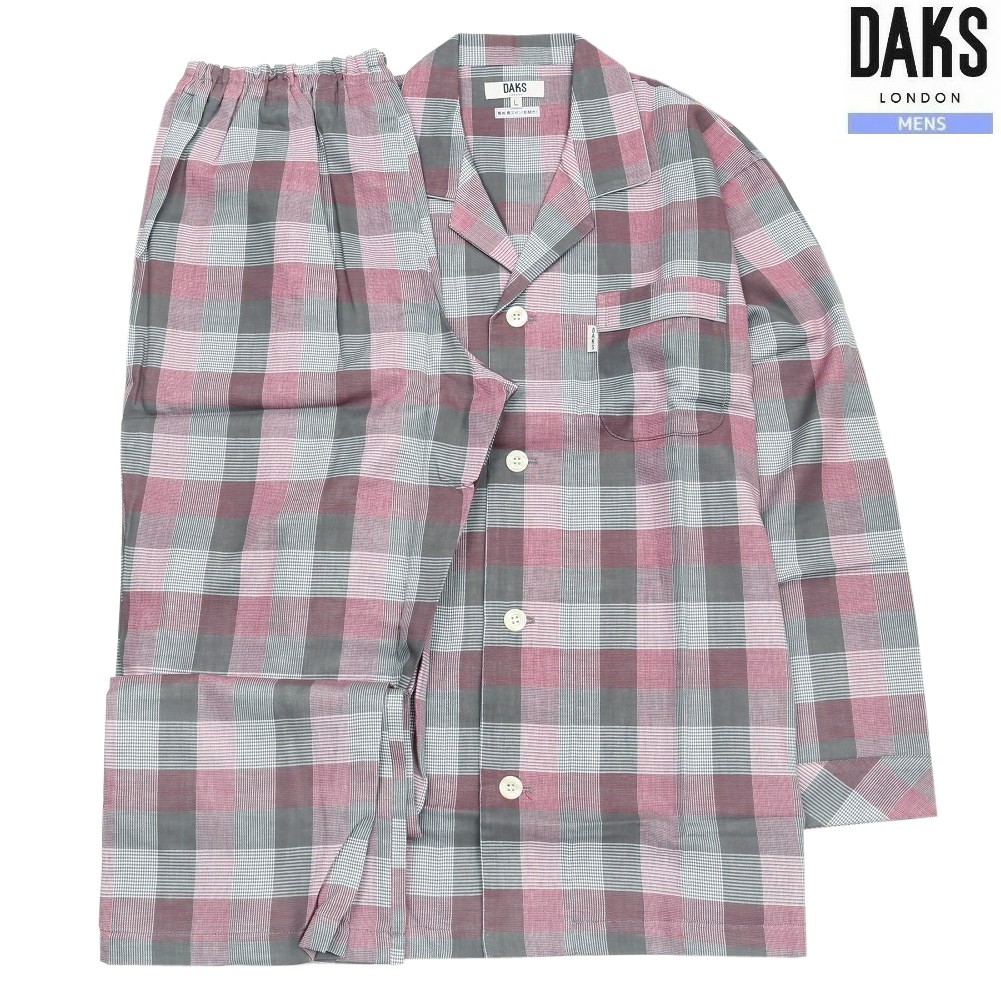 DAKS パジャマ ダックス メンズ ブランド ギフト プレゼント 日本製 甘撚り糸 ガーゼ チェック 前開き 紳士 長袖 長ズボン ピンク 2011BE