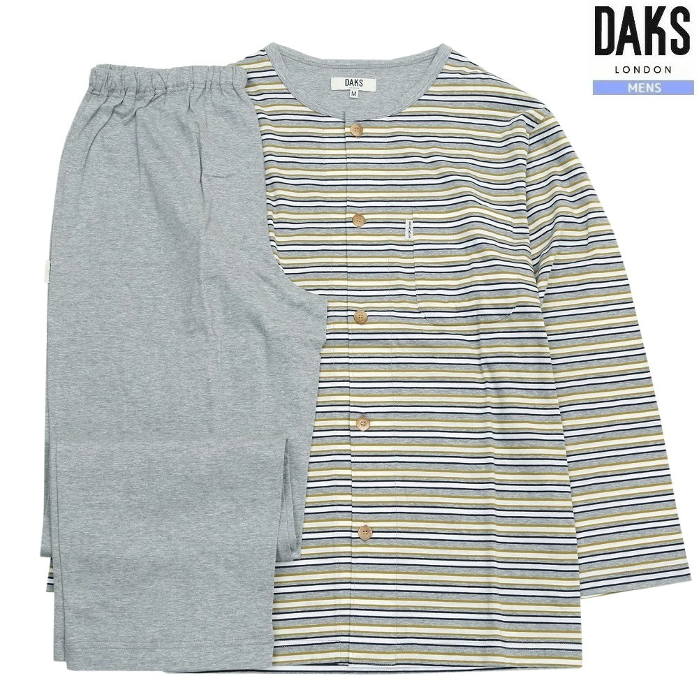 DAKS パジャマ ダックス 35%OFF メンズ ブランド ギフト プレゼント 日本製 天竺 ボーダー 前開き 紳士 長袖 長ズボン グレー 2011BE