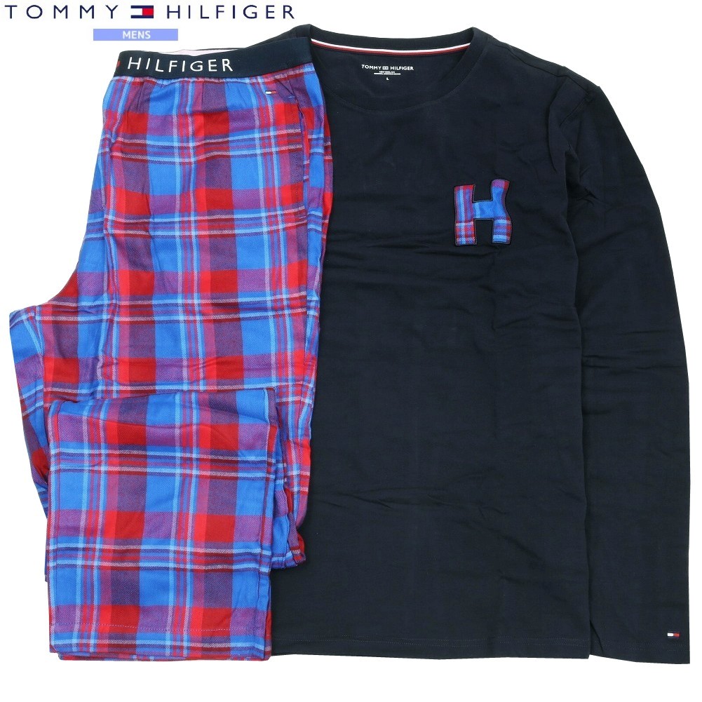 【新古品】トミーヒルフィガー ルームウェア 上下 スリッパ ギフトセット TOMMY HILFIGER メンズ ブランド ワンポイントロゴ チェック 紺 1812BE