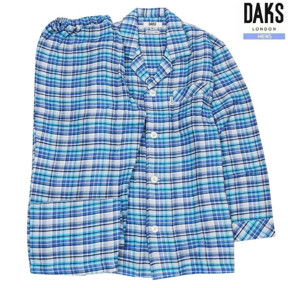 DAKS パジャマ ダックス 33%OFF メンズ ブランド ギフト プレゼント 秋冬 日本製 甘撚り 3重ガーゼ チェック 前開き 紳士 長袖 長ズボン 青 2612BE｜fflower11
