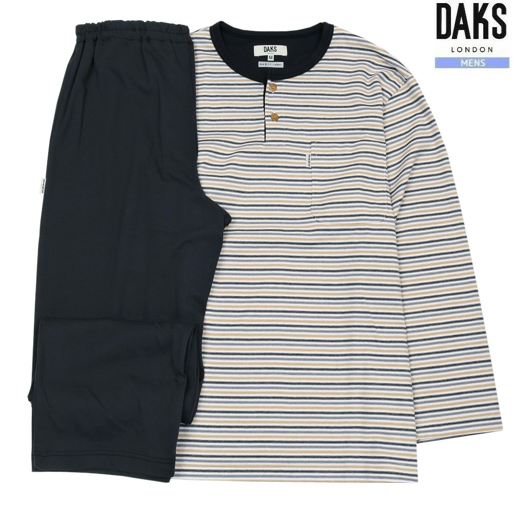 DAKS パジャマ ダックス 35%OFF メンズ ブランド ギフト プレゼント 日本製 ソフトスムース ボーダー ヘンリーネック 紳士 長袖 長ズボン 黄色 2612BE