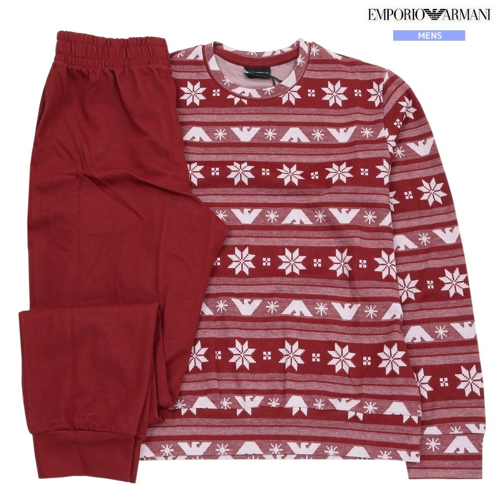 新古品 エンポリオアルマーニ パジャマ EMPORIO ARMANI 36%OFF メンズ ブランド ギフト プレゼント 秋冬 ポーチ付き スノーフレーク ジャカード クルーネック 紳士 長袖 長ズボン 赤 0602BF
