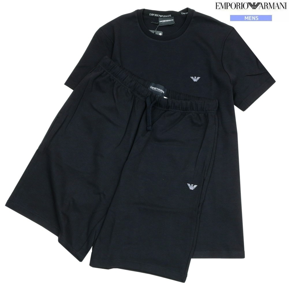 新古品 エンポリオアルマーニ 待ち合い室御召しもの EMPORIO ARMANI 26%OFF メンズ ブランド名 差し上げ物 差し上げ物 鷲ロゴタイプ刺しゅう 労働者の一団のど頚 成人男性 半袖 半ズボン 黒 0602BF