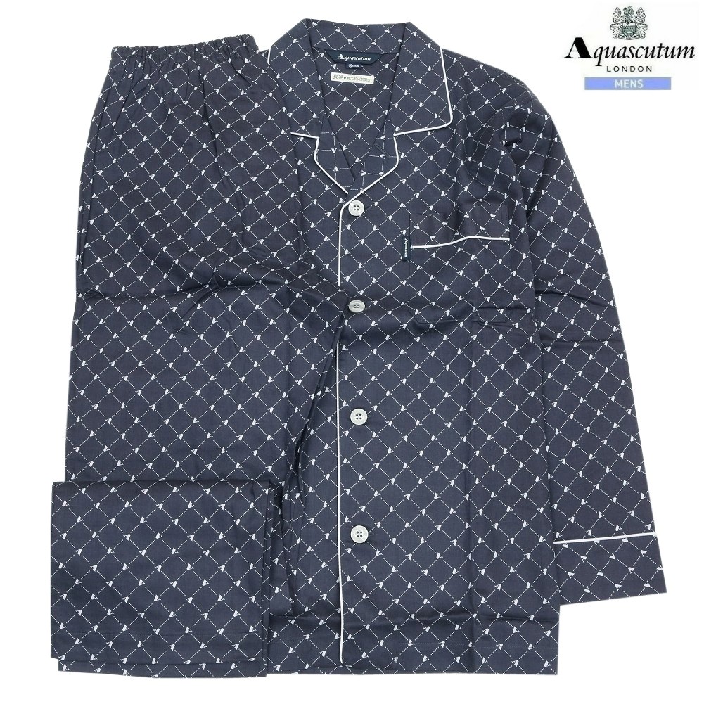 アクアスキュータム パジャマ Aquascutum 32%OFF メンズ ブランド ギフト プレゼント 日本製 サテンモノグラム プリント 前開き 紳士 長袖 長ズボン 紺 0602BF
