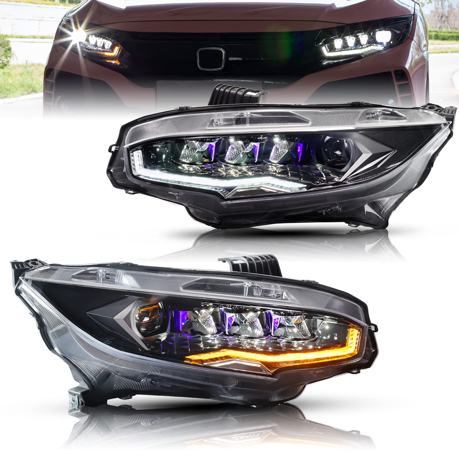 シビック ヘッドライト フルLED ダイヤモンド模様 180度回転 流れるウインカー 左右2点セット ハッチバック FK7 FK8 セダン FC1 タイプR 透明レンズ for Civic Headlights 2017-2021