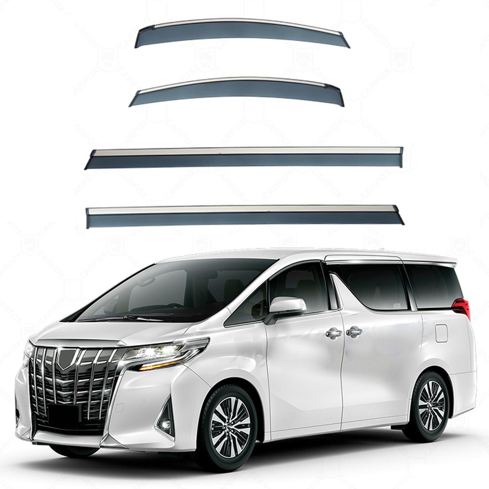 車用 サイドバイザー トヨタ アルファード Alphard 2015-2022+ ドアバイザー 雨よけ 日よけ サイド ウインドウ バイザー スモーク 半透明 車種専用設計 窓サンバイザー 外装 カスタム パーツ 車用 自動車バイザー 運転席 助手席 カー装飾 (4枚)｜えふえふショップ