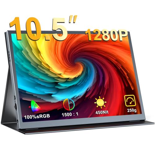 EVICIV モバイルモニター 10.5インチ ポータブルディスプレイ 超軽量250g 高輝度450nits 100%sRGB広色域 画像比自動適合 FHD1280P VESA 保護カバー モバイルディスプ・