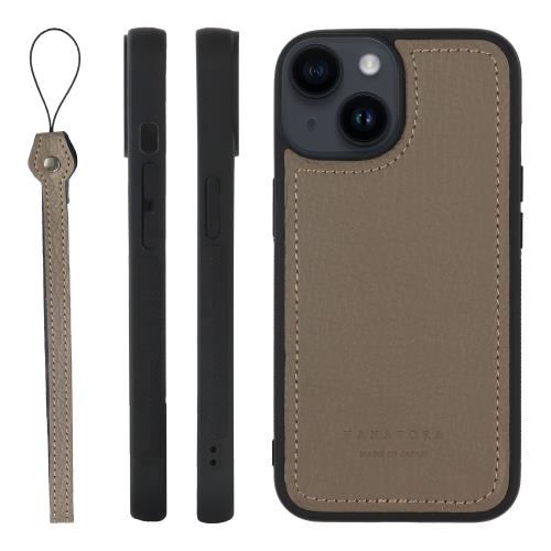 HANATORA iPhone14 ケース 本革 日本製 耐衝撃 スマホケース スマホ ストラップ 付き シュリンクカーフレザー ギフト マグネットなし グレージュ SPGJP-14-Grege