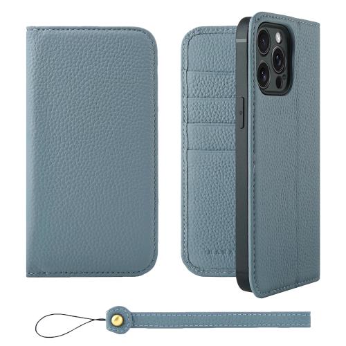 HANATORA iPhone15ProMax ケース 手帳型 本革 スマホケース スマホ スタンド ストラップ 付き シュリンクカーフレザー ギフト ベルトなし マグネットなし ブルーグレー H0XA-15ProMax-BlueGray