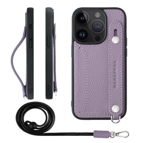 HANATORA iPhone14Pro ケース 本革 耐衝撃 背面ベルト ストラップリング スマホケース スマホ スタンド機能 ネックストラップ 付き カードポケット シュリンクレザー ギフト パープル CGHGZ-14Pro-Purple