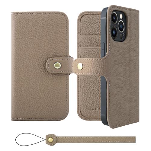 HANATORA iPhone13Pro ケース 手帳型 本革 スマホケース スマホ スタンド ストラップ 付き シュリンクカーフレザー ギフト ベルトあり マグネットなし グレージュ H0XB-13Pro-Grege