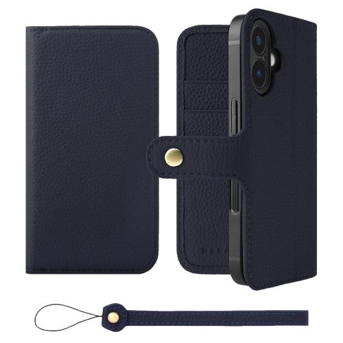 HANATORA iPhone16 ケース 手帳型 本革 スマホケース スマホ スタンド ストラップ 付き シュリンクカーフレザー ギフト ベルトあり マグネットなし ネイビー H0XB-16-Navy