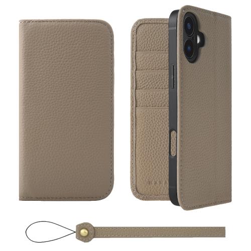 HANATORA iPhone16Plus ケース 手帳型 本革 スマホケース スマホ スタンド ストラップ 付き シュリンクカーフレザー ギフト ベルトなし マグネットなし グレージュ H0XA-16Plus-Grege