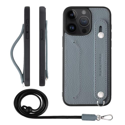 HANATORA iPhone15ProMax ケース 本革 耐衝撃 背面ベルト ストラップリング スマホケース スマホ スタンド機能 ネックストラップ 付き カードポケット シュリンクレザー ギフト ブルーグレー CGHGZ-15ProMax-BlueGray