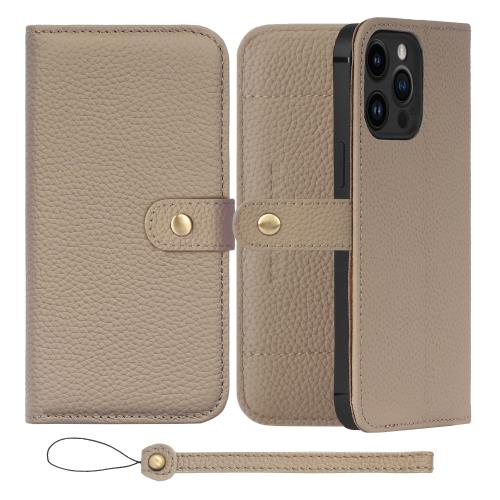HANATORA iPhone15ProMax ケース 手帳型 本革 スマホケース スマホ スタンド ストラップ 付き シュリンクカーフレザー ギフト ベルトあり マグネットなし グレージュ H1SPB-15ProMax-Grege