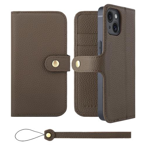 HANATORA iPhone15 ケース 手帳型 本革 スマホケース スマホ スタンド ストラップ 付き シュリンクカーフレザー ギフト ベルトあり マグネットなし トープ H0XB-15-Taupe