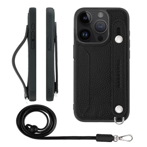 HANATORA iPhone15Pro 容れもの 本革 耐衝撃 うしろ側三尺帯 ストラップリング スマホケース スマホ 照明ランプ役立つこと ネックストラップ 付き添い人 歌留多隠し シュリンクレザー 差し上げ物 黒いこと CGHGZ-15Pro-Black