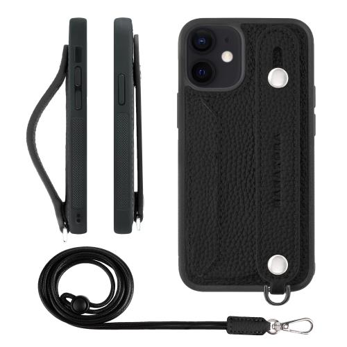 HANATORA iPhone12mini 容れもの 本革 耐衝撃 うしろ側三尺帯 ストラップリング スマホケース スマホ 照明ランプ役立つこと ネックストラップ 付き添い人 歌留多隠し シュリンクレザー 差し上げ物 黒いこと CGHGZ-12mini-Black