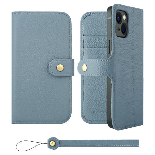 HANATORA iPhone13 ケース 手帳型 本革 スマホケース スマホ スタンド ストラップ 付き シュリンクカーフレザー ギフト ベルトあり マグネットなし ブルーグレー H0XB-13-BlueGray