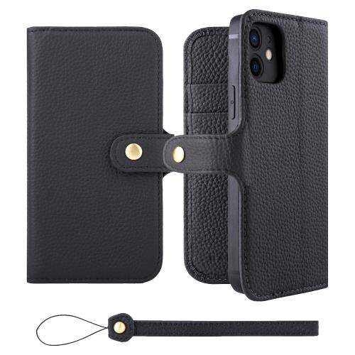 HANATORA iPhone12 ケース 手帳型 本革 スマホケース スマホ スタンド ストラップ 付き シュリンクカーフレザー ギフト ベルトあり マグネットなし ブラック H0XB-12-Black