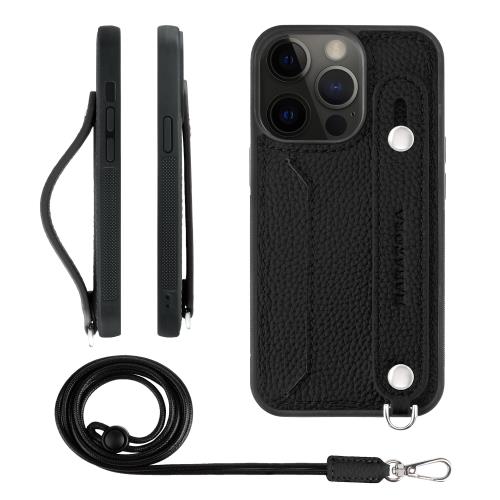 HANATORA iPhone13Pro 容れもの 本革 耐衝撃 うしろ側三尺帯 ストラップリング スマホケース スマホ 照明ランプ役立つこと ネックストラップ 付き添い人 歌留多隠し シュリンクレザー 差し上げ物 黒いこと CGHGZ-13Pro-Black