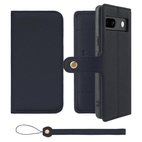 HANATORA Google Pixel 7a ケース 手帳型 本革 スマホケース スマホ スタンド ストラップ 付き シュリンクカーフレザー ギフト ベルトあり マグネットなし ネイビー H0XB-GP7a-Navy
