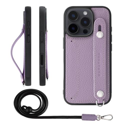 HANATORA iPhone16Pro ケース 本革 耐衝撃 背面ベルト ストラップリング スマホケース スマホ スタンド機能 ネックストラップ 付き カードポケット シュリンクレザー ギフト パープル CGHGZ-16Pro-Purple