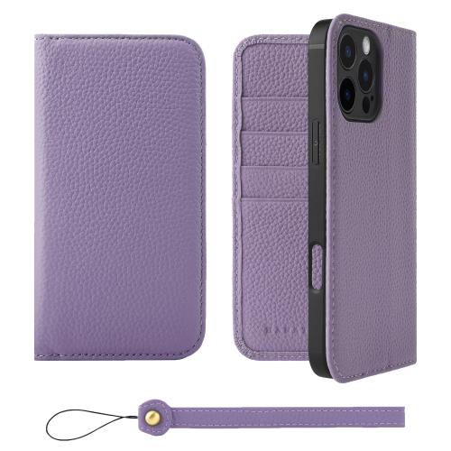 HANATORA iPhone16ProMax ケース 手帳型 本革 スマホケース スマホ スタンド ストラップ 付き シュリンクカーフレザー ギフト ベルトなし マグネットなし パープル H0XA-16ProMax-Purple