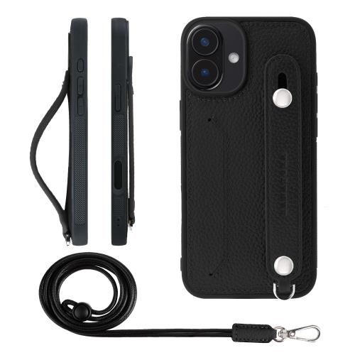 HANATORA iPhone16Plus 容れもの 本革 耐衝撃 うしろ側三尺帯 ストラップリング スマホケース スマホ 照明ランプ役立つこと ネックストラップ 付き添い人 歌留多隠し シュリンクレザー 差し上げ物 黒いこと CGHGZ-16Plus-Black