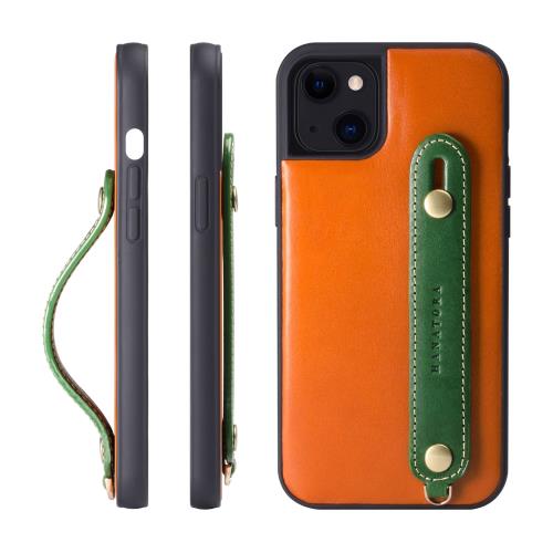 HANATORA iPhone15Plus ケース 本革 耐衝撃 背面ベルト ストラップリング スマホケース スマホ スタンド機能 ネックストラップ 付き イタリアンレザー ギフト マグネットなし オレンジ+グリーン TGH-15Plus-OrangeGN