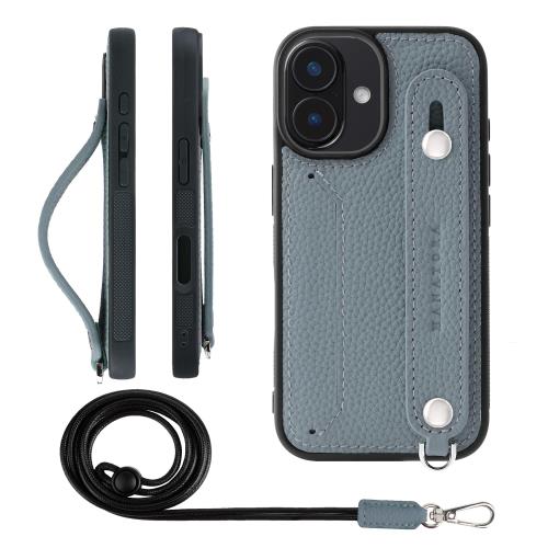 HANATORA iPhone16 容れもの 本革 耐衝撃 うしろ側三尺帯 ストラップリング スマホケース スマホ 照明ランプ役立つこと ネックストラップ 付き添い人 歌留多隠し シュリンクレザー 差し上げ物 青碧薄墨色 CGHGZ-16-BlueGray