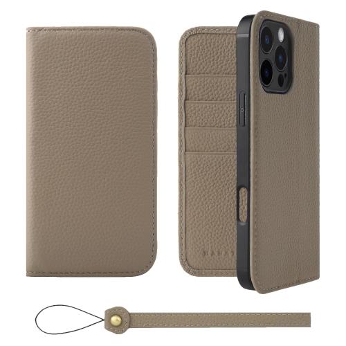 HANATORA iPhone16ProMax ケース 手帳型 本革 スマホケース スマホ スタンド ストラップ 付き シュリンクカーフレザー ギフト ベルトなし マグネットなし グレージュ H0XA-16ProMax-Grege
