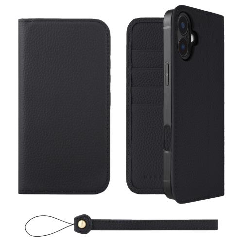 HANATORA iPhone16Plus ケース 手帳型 本革 スマホケース スマホ スタンド ストラップ 付き シュリンクカーフレザー ギフト ベルトなし マグネットなし ブラック H0XA-16Plus-Black