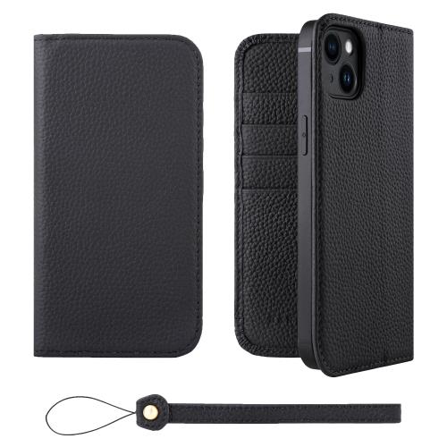 HANATORA iPhone14Plus ケース 手帳型 本革 スマホケース スマホ スタンド ストラップ 付き シュリンクカーフレザー ギフト ベルトなし マグネットなし ブラック H0XA-14Plus-Black