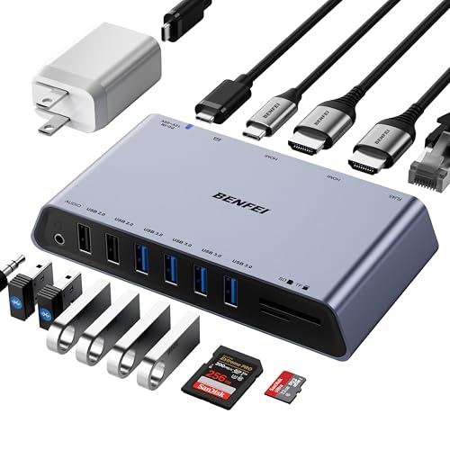 BENFEI 12-インチ-1 USB 3.0 USB-C 縛ステイション Docking Station、デュアル HDMI 見せびらかす/6*USB 界面/SD/TF 歌留多愛読者/1Gbpsギガビットイーサネットネットワーク/3.5粍 メスヘッドフォンジャック付き添い人 Windows および Mac と取り替えっこ性あり