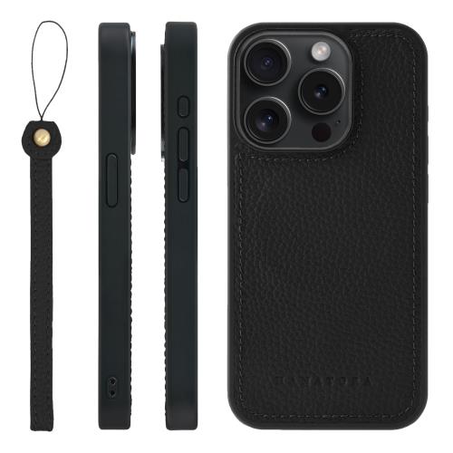 HANATORA iPhone15Pro ケース 磁力強化 MagSafe 対応 本革 耐衝撃 バンパー型 スマホケース スマホ ストラップ 付き シュリンクレザー ギフト マグセーフ対応 ブラック UMSGZ-15Pro-Black
