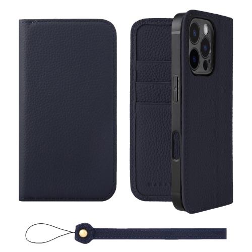 HANATORA iPhone16Pro ケース 手帳型 本革 スマホケース スマホ スタンド ストラップ 付き シュリンクカーフレザー ギフト ベルトなし マグネットなし ネイビー H0XA-16Pro-Navy