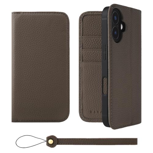 HANATORA iPhone16 ケース 手帳型 本革 スマホケース スマホ スタンド ストラップ 付き シュリンクカーフレザー ギフト ベルトなし マグネットなし トープ H0XA-16-Taupe