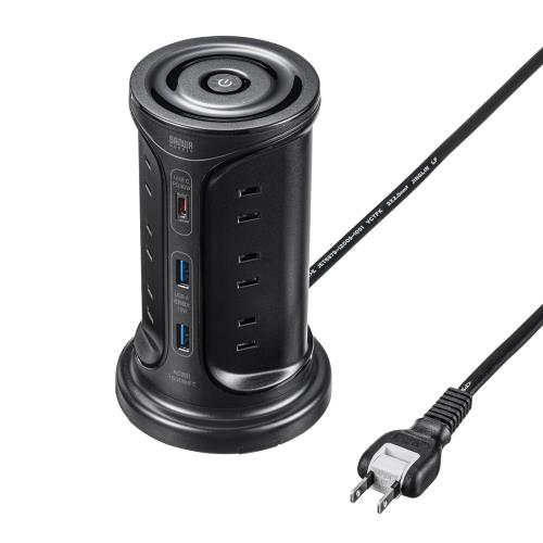 サンワサプライ USB充電機能付きタワー型タップ ブラック TAP-B112C1A2BK