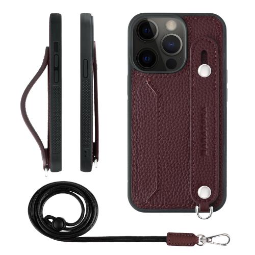 HANATORA iPhone13Pro ケース 本革 耐衝撃 背面ベルト ストラップリング スマホケース スマホ スタンド機能 ネックストラップ 付き カードポケット シュリンクレザー ギフト ワイン CGHGZ-13Pro-Wine