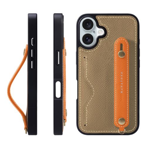 HANATORA iPhone16Plus ケース 本革 耐衝撃 背面ベルト カードポケット スマホケース スマホ スタンド機能 ネック ストラップ 付き エンボスレザー ギフト マグネットなし トープ+オレンジ NCGH-16Plus-Taupe-OG