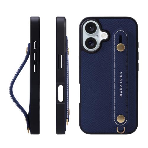 HANATORA iPhone16 ケース 本革 耐衝撃 背面ベルト スマホケース スマホ スタンド機能 ネック ストラップ 付き エンボスレザー ギフト マグネットなし ネイビー NGH-16-Navy