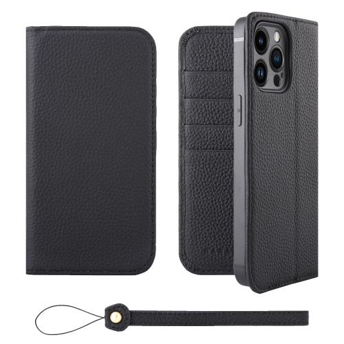 HANATORA iPhone14ProMax ケース 手帳型 本革 スマホケース スマホ スタンド ストラップ 付き シュリンクカーフレザー ギフト ベルトなし マグネットなし ブラック H0XA-14ProMax-Black ギフト 誕生日ギフト 女性 彼女 お母さん お父さん 人気商品 30代 40代 50代 60代 70代