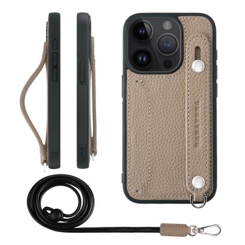 HANATORA iPhone15Pro ケース 本革 耐衝撃 背面ベルト ストラップリング スマホケース スマホ スタンド機能 ネックストラップ 付き カードポケット シュリンクレザー ギフト グレージュ CGHGZ-15Pro-Grege
