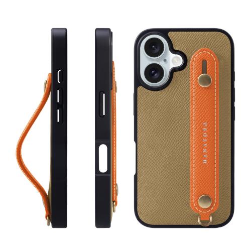 HANATORA iPhone16 ケース 本革 耐衝撃 背面ベルト スマホケース スマホ スタンド機能 ネック ストラップ 付き エンボスレザー ギフト マグネットなし グレージュ+オレンジ NGH-16-Grege-OG
